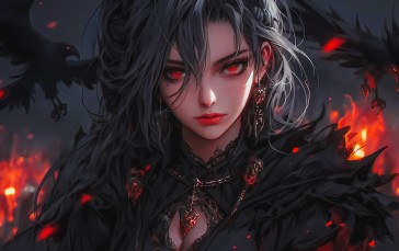 Fire, Crow, Anime Girls, AI Art Wallpaper