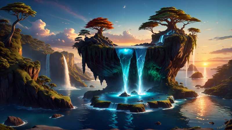 AI Art, Landscape, Waterfall, Island Wallpaper