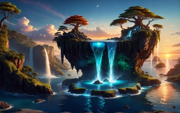 AI Art, Landscape, Waterfall, Island Wallpaper