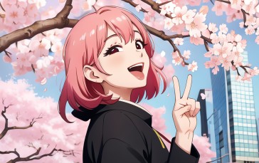 AI Art, Pink Hair, Peace Sign, Cherry Blossom, Tongue Out Wallpaper
