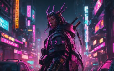 AI Art, Cyber City, Cyber, Cyberpunk Samurai, Cyberpunk, Samurai Wallpaper