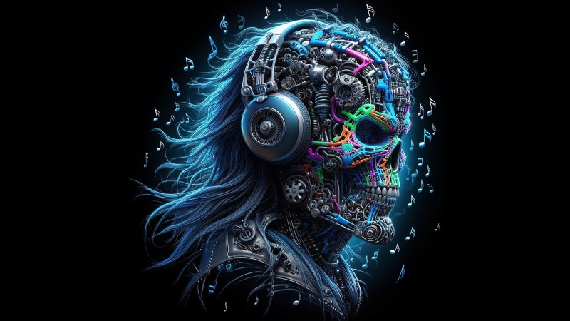 AI Art, Headphones, Music, Skull, Musical Notes Wallpaper