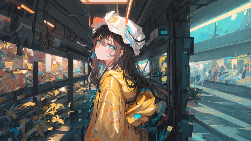 AI Art, Anime, Anime Girls, Looking at Viewer, Yellow Jacket, White Hat Wallpaper