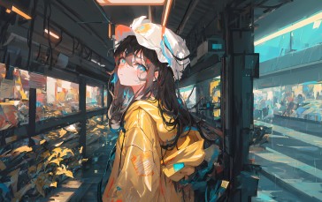 AI Art, Anime, Anime Girls, Looking at Viewer, Yellow Jacket, White Hat Wallpaper