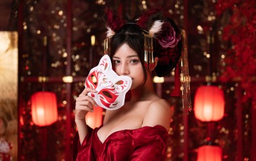 Chaos Kao, Women, Asian, Mask, Red Clothing, Hair Accessories Wallpaper