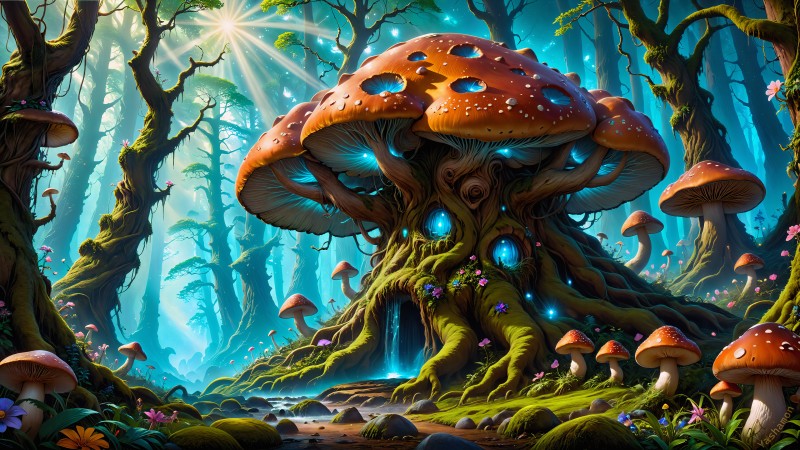 AI Art, Landscape, Nature, Yashamon, Mushroom Wallpaper