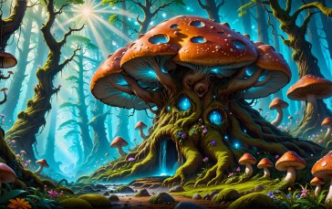 AI Art, Landscape, Nature, Yashamon, Mushroom Wallpaper