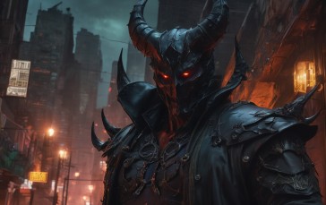 Demon Hunter, AI Art, Urban City, Shadow, Devil Horns Wallpaper