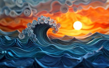 AI Art, Digital Art, Waves, Sunset, Paper Art Wallpaper