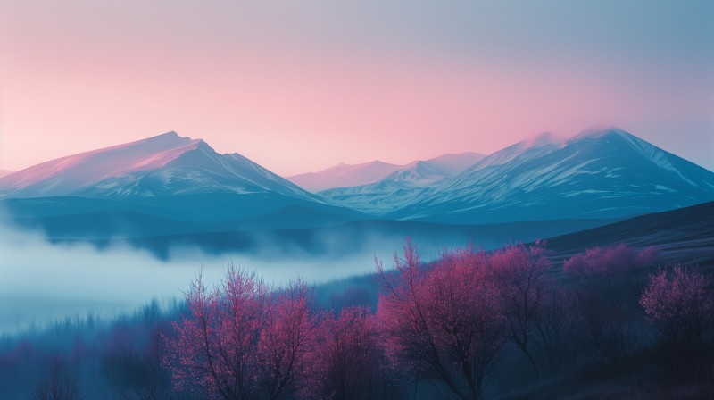 AI Art, Mist, Mountains, Snow Wallpaper