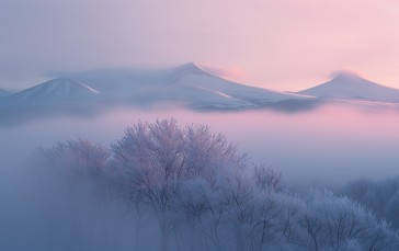 AI Art, Mist, Mountains, Snow, Trees, Pink Wallpaper