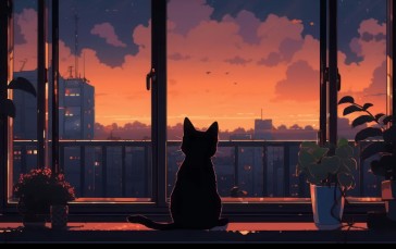 Sunset, Plants, Orange Clouds, Black Cats, City, Digital Art Wallpaper