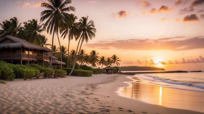 Sunset, Beach, Sun Rays, 4K, Coconuts, House Wallpaper