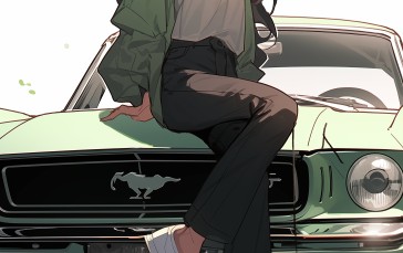 Ford Mustang, Car, Green, Black, Anime Girls Wallpaper