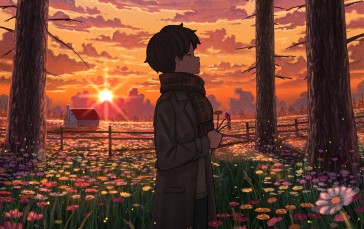 Anime Boys, Brown Coat, Sunset, Long Sleeves Wallpaper