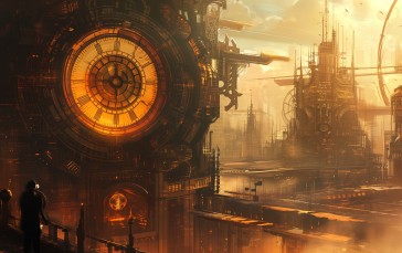 AI Art, Illustration, Science Fiction, Clock Tower, Steampunk Wallpaper