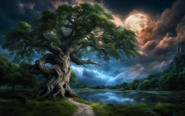 Trees, Full Moon, River, Clouds Wallpaper