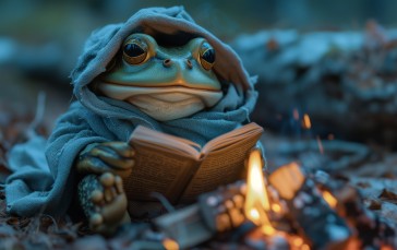 AI Art, Frog, Reading, Campfire Wallpaper