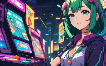 AI Art, Green Hair, Arcade , Video Game Art Wallpaper