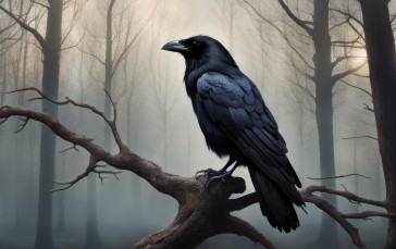 Raven, AI Art, Nature, Soft Light, Dark, Trees Wallpaper