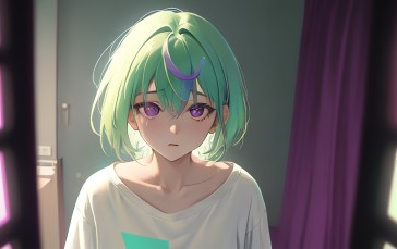 T-shirt, Green Hair, Purple Eyes, Looking at Viewer Wallpaper