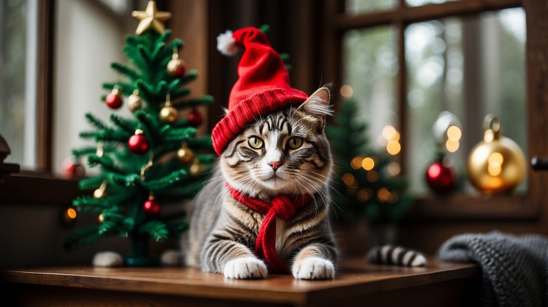 Cats, Christmas Clothes, Christmas Tree, 4K, Christmas Lights Wallpaper