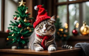 Cats, Christmas Clothes, Christmas Tree, 4K, Christmas Lights Wallpaper
