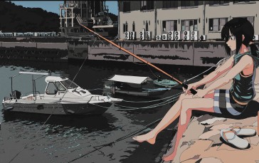 Boat, Fishing, Anime, Anime Girls Wallpaper
