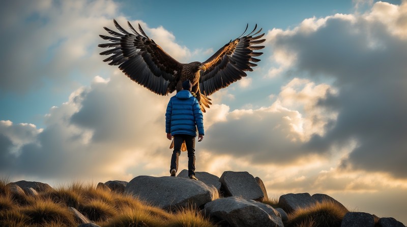 Eagle, People, Nature, Hills, Sky, Clouds Wallpaper