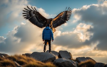 Eagle, People, Nature, Hills, Sky, Clouds Wallpaper
