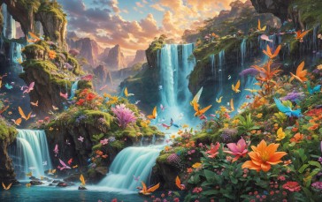AI Art, Digital Art, Digital Painting, Landscape, Waterfall Wallpaper