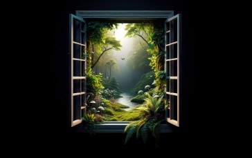 AI Art, Black Background, Window, Nature Wallpaper