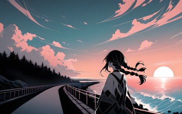 AI Art, Sunset, Waves, Samurai, Road Wallpaper