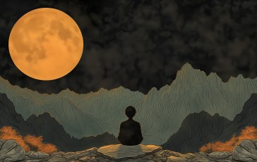 AI Art, Sitting, Moon, Mountains, Illustration Wallpaper