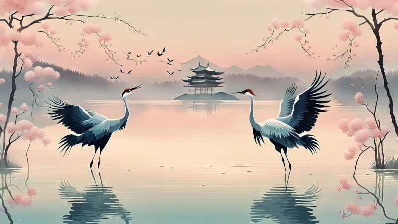 Cranes (bird), Japan, Pink, Soft Shading, Water, Cherry Trees Wallpaper