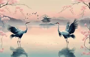 Cranes (bird), Japan, Pink, Soft Shading, Water, Cherry Trees Wallpaper