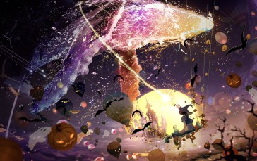 Flying Whales, Anime Girls, Halloween, Jack O’ Lantern, Hot Air Balloons, Magic Wallpaper