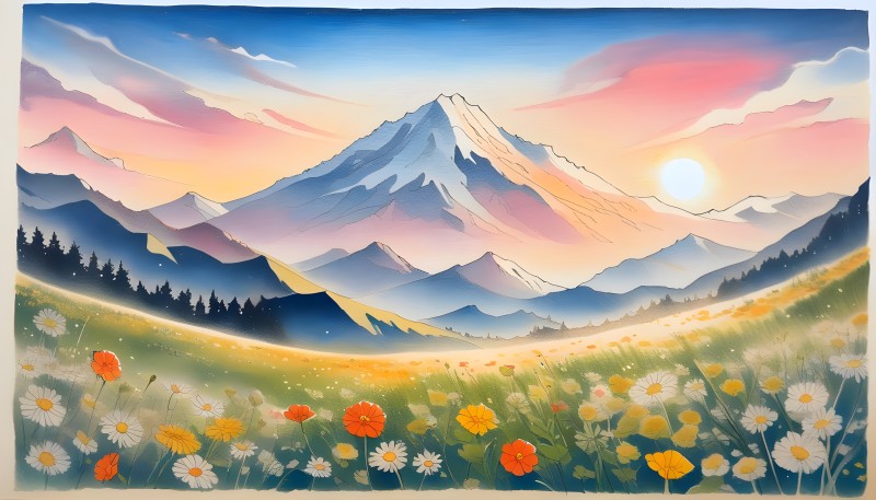 AI Art, Mountains, Flowers, Field Wallpaper
