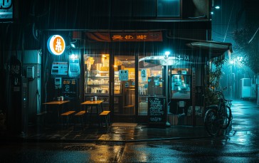 AI Art, Corner, Restaurant, Tokyo, Rain, Dark Wallpaper