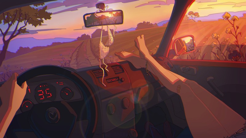 Digital Art, Sunset, Chill Out, Car Interior Wallpaper