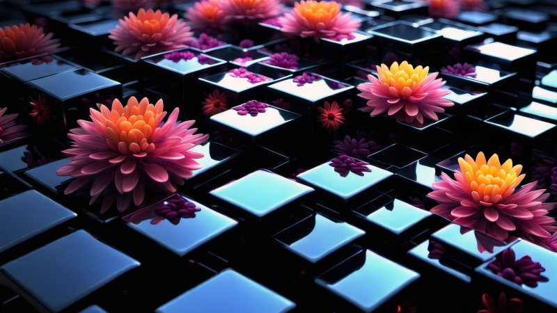 Flowers, Cube, Metal, Colorful Wallpaper