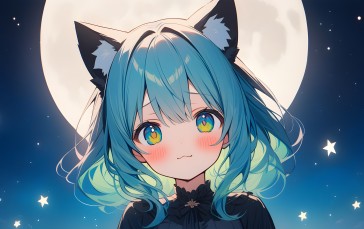 AI Art, Anime Girls, Cat Girl, Moon Wallpaper