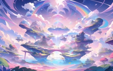 AI Art, Fantasy Art, Rainbows, Waterfall, Clouds, Asian Architecture Wallpaper