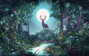 Forest, Elk, Digital Art, Christian Benavides, Trees, Full Moon Wallpaper