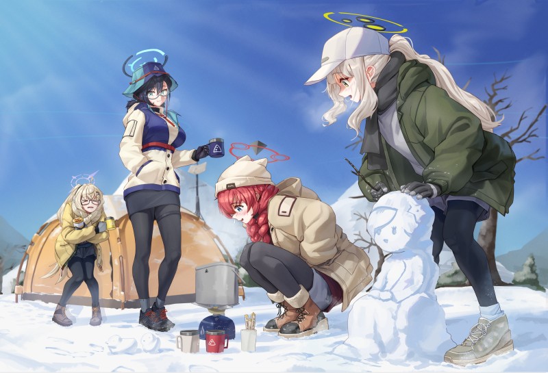 Blue Archive, Squatting, Group of Women, Smiling, Kagami Chihiro, Snowman Wallpaper