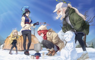 Blue Archive, Squatting, Group of Women, Smiling, Kagami Chihiro, Snowman Wallpaper