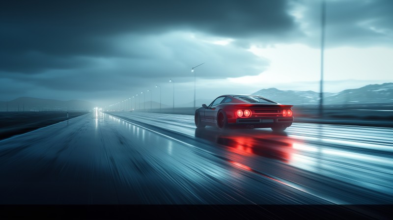 AI Art, Clouds, Driving, Sports Car, Highway, Motion Blur Wallpaper