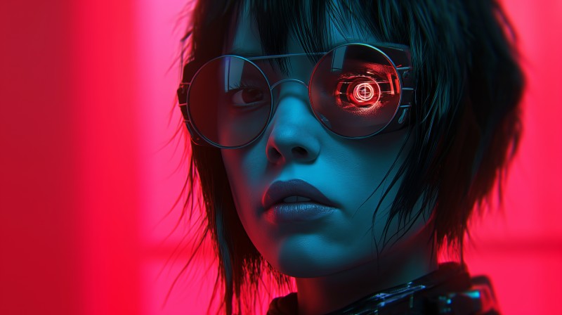 AI Art, Red, Cyberpunk, Cyborg, Women, Face Wallpaper