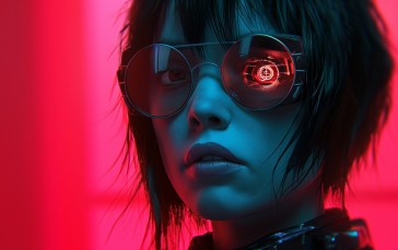AI Art, Red, Cyberpunk, Cyborg, Women, Face Wallpaper