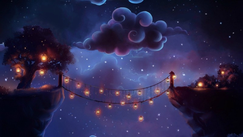 Magic, Night, Clouds, Night Lanterns, Bridge, Stars Wallpaper